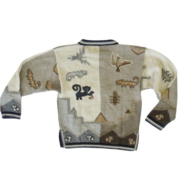 Peruvian Baby Alpaca Primitive Animal Intarsia Sweater Neutral Beige Tan Small - Picture 8 of 10